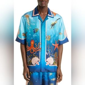 CASABLANCAFond Marin Print Short Sleeve Silk Camp Shirt XL